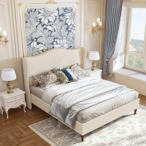koorlian King Size Bed Frame Upholstered Platform Bed with 51" Tall Headboard Wingback, Soft Fabric, Retro Simple Style Platform Bed No Box Spring Needed, Easy Assembly, Beige thumbnail 4
