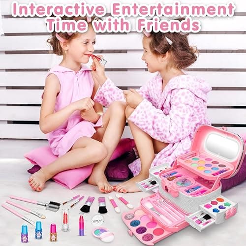 58Pcs Kids Makeup Kit for Girl - Real Washable Cosmetic Set with Light Up Mirror - Kids Makeup Sets for Girls -Play Make Up Birthday for Age 3 4 5 6 7 8 9 10 11 12 Years Old Kid -Pink thumbnail 7