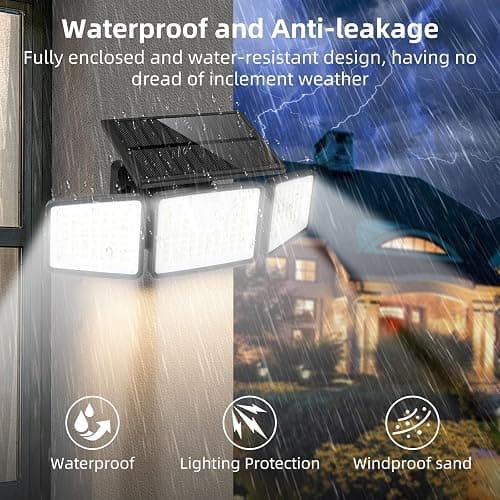daphino 2500LM Solar Lights Outdoor with Motion Sensor,3 Head 270° Wide Angle Street Area Lights, IP65 Waterproof Security Lighting with 3 Modes(Non-Remote,2 Pcs) thumbnail 5