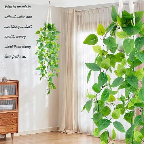 LOYWREE 1 Pack Artificial Hanging Plant Kit with Pot and Hanger - 39" Long Fake Pothos Vines - Hanging Potted Faux Plant Indoor for Wall Ceiling Bedroom Bathroom Living Room Home Decor (White Pot) thumbnail 6