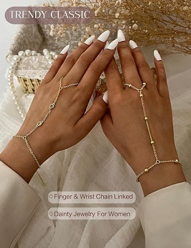 4 Pcs Gold Hand Chain Bracelets for Women, Dainty 14K Gold Plated Ring Bracelet Hand Chain, Stackable Beaded Cubic Zirconia Bracelet Stack Jewelry Gifts thumbnail 6