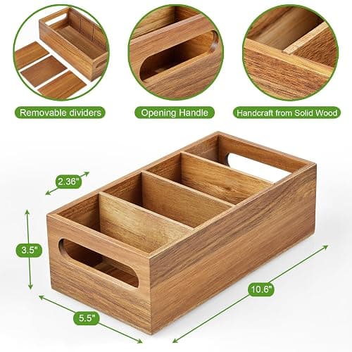 DRASTAR Pantry Organization and Storage Bins, Seasoning Packet Organizer with Removable Dividers,Wooden Storage Caddy for Kitchen, Pantry, Cabinet, Countertop, Acacia thumbnail 3