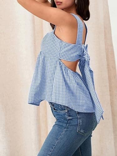 Amiblvowa Women Gingham Peplum Tank Square Neck Babydoll Tops Y2K Cute Bow Tie Back Sleeveless Vest Shirt Going Out Top thumbnail 5