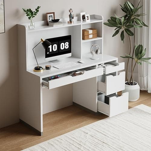 MaverickFurni White Desk with Hutch and Drawers, 53 Inch Computer Desk with Storage File Drawer, White Study Desk with 4 Drawers for Bedroom, Small Space thumbnail 9