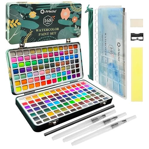 Artecho Aquarellfarben Set 168 Farben in Tragbarer Box, Mit Pinsel und Aquarellpapier, Aquarell für Reisen, Wasserfarben für Künstler und Hobbymaler - Image 1