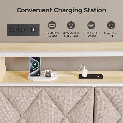 Salamir Full Headboard Only, Headboard for Full Size Bed with Storage, Upholstered Headboards with LED Lights & Charging Station, Attach Frame, Ideal for Bedroom/Dorm/Guest Room, White & Beige thumbnail 5