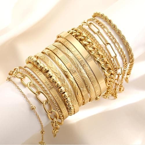 FAXHION 68 Pcs Gold Jewelry Set for Women with 7 Necklace, 17 Bracelet, 5 Hoop Earrings, 15 Stud Earrings, 24 Knuckle Rings for Women Jewelry Set for Women Gift thumbnail 9