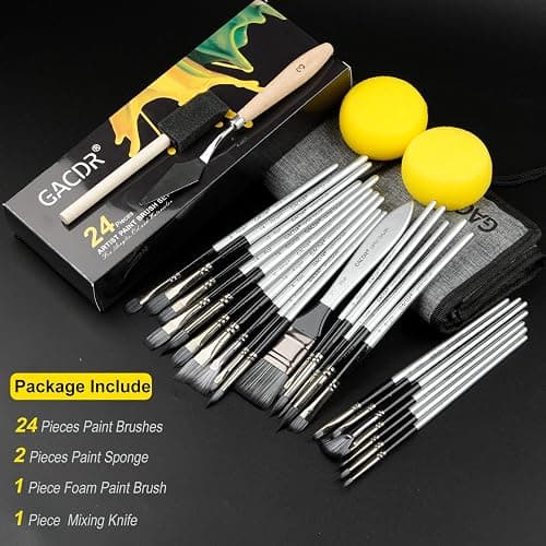 GACDR Acrylic Paint Brush Set, 24 Pieces Paint Brushes for Acrylic Painting with Cloth Roll Case and 2 Sponges, Pinceles para Acrilico for Oil Watercolor Gouache thumbnail 4