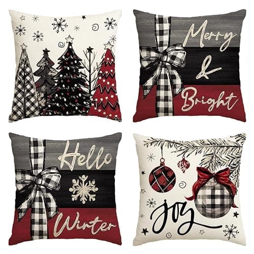 AVOIN colorlife Merry Christmas Joy Xmas Trees Red Throw Pillow Covers, 18 x 18 Inch Christmas Winter Holiday Cushion Case Decoration for Sofa Couch Set of 4 - Image 1