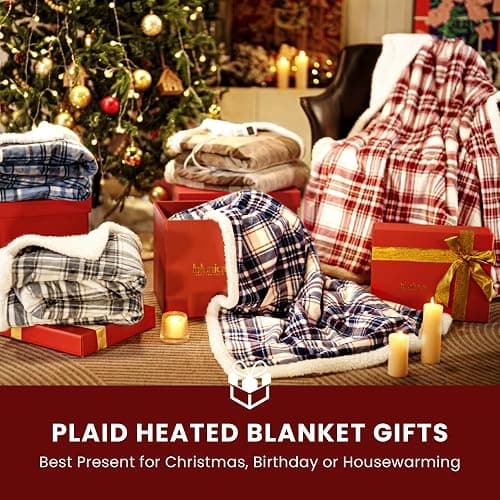 blunique Heated Blanket Electric Throw-50''x60''Ultra Soft Cozy Plaid Flannel Fast Heating Electric Blanket with 10 Heat Levels & 10 Hours Auto Off, ETL Certified, Keep Warm in Couch Bed Office(Khaki) thumbnail 7