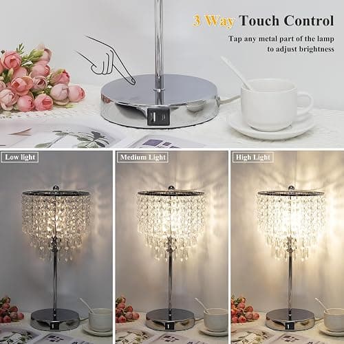 Touch Control Crystal Table Lamp with USB C+A Charging Ports, 3-Way Dimmable Bedside Touch Lamp Decorative Nightstand Lamp with Elegant Lampshade for Living Room Bedroom, B11 LED Bulb Included thumbnail 3