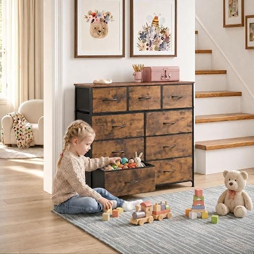 WLIVE Tall Dresser for Bedroom, 9 Drawer Chest of Drawers, Rustic Brown | 9 roomy fabric drawers, Tall storage design, Bedroom or closet use, Sturdy steel frame, Smooth wood tabletop thumbnail 4