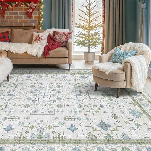 Hazo Haus Cream Oushak 6x9 Bedroom Rug - Boho Floral Cool Blue and Green, Washable Low Pile Non-Slip Ultra-Thin Large Area Rugs for Bed Room, Living Room, Playroom thumbnail 7