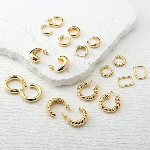 IDJEOABL 9 Pairs Gold/Sterling Silver/Rose Gold Plated Hoop Earrings Set for Women Trendy Chunky Gold Hoops 14K Real Gold Plated Small Huggie Earrings for Sensitive Ears Non Tarnish Jewelry for Gifts thumbnail 4
