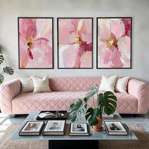 3Pcs Abstract Blush Pink Flower Canvas Wall Art, Textured Thick Paint Modern Floral Bloom Oil Painting Poster Print, Wall Decor Artwork for Bedroom Living Room Dining Room Home Decoration【Unframed】 thumbnail 4