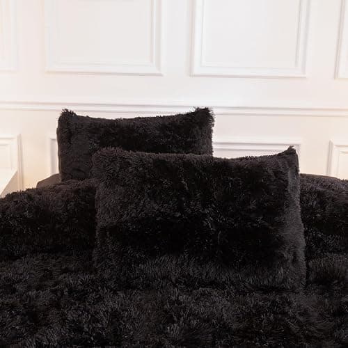 Andency Queen Comforter Set Black, Fluffy Winter Faux Fur Warm Soft Plush Bedding Comforter Set (1 Velvet Comforter & 2 Pillowcases), Fuzzy Thick Heavy Puffy Comforters Bed Set thumbnail 8