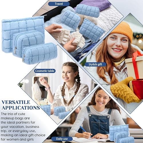 Huhumy 3 Pcs Puffy Makeup Bag for Women, Checkered, Blue, Medium | Quilted Cosmetic Pouch Cute Travel Toiletry Bag Puffer Makeup Organizer Purse Pouch Preppy Pencil Case with Zipper thumbnail 7