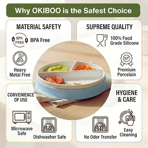 OKiBoo Non-Toxic Divided Ceramic Toddler Plate with Silicone Lid & Non-Slip Base, 8 Inch Microwave & Dishwasher Safe Porcelain Dish for Babies, Kids, Animal Design (Sky Mist) thumbnail 6