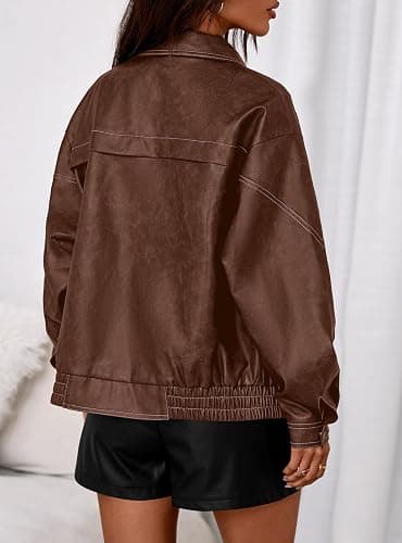 PRETTYGARDEN Leather Jacket Women Faux Oversized Coat | Motorcycle Bomber Fall Jackets Trendy, Fashion Going Out Outfits, Travel, Winter Clothes, Zip Up Outerwear thumbnail 4