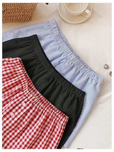 MakeMeChic Women's 3 Pack Linen Shorts Gingham Striped Beach Shorts | Summer, Plaid, Cover Up Shorts thumbnail 4