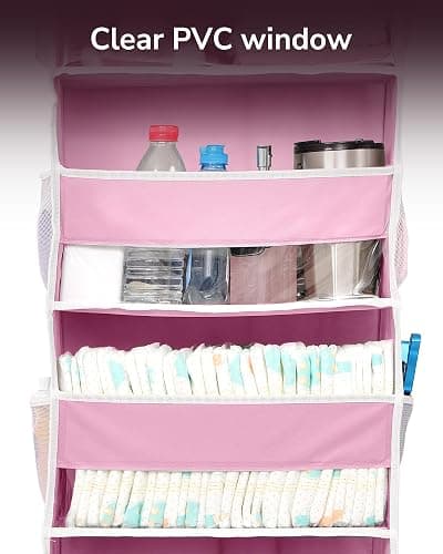 ULG 1 Pack Over Door Organizer with 5 Large Pockets 10 Mesh Side Pockets, 44 lbs Weight Capacity Hanging Storage Organizer with Clear Window Kids Toys, Shoes, Diapers, Pink thumbnail 3