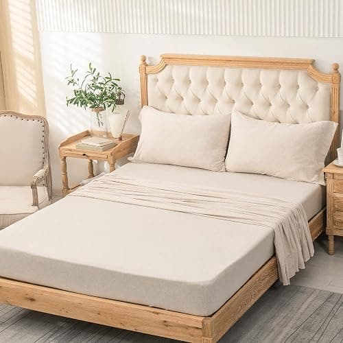PURE ERA Jersey Knit 4pc Bed Sheet Set 100% T-Shirt Heather Cotton Super Soft Comfy Breathable Fits Mattress Up to 20" Extra Deep Pocket (Heather Beige, King) thumbnail 7