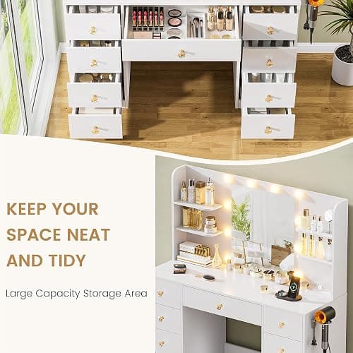 White Vanity Desk With Mirror and LED Lights, 3 Colors Adjustable, Large Makeup Vanity Desk with Power Strip and Hairdryer Holder, 9 Drawers & 6 Shelves Modern Dressing Table for Women, Bedroom thumbnail 6
