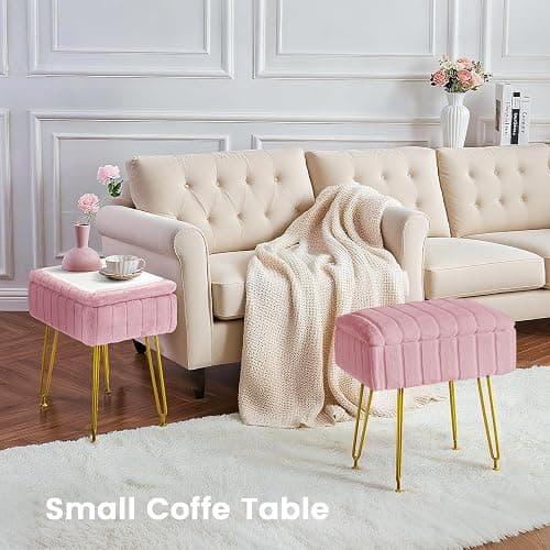 FUXA Vanity Stool with Storage, Pink Vanity Chair 4 Metal Legs with Anti-Slip Feet, Faux Fur Soft Padded Seat, Cute Small Footstool Ottoman, Modern Multifunctional Chairs for Makeup Bedroom thumbnail 5