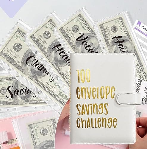 100 Envelopes Money Saving Challenge, 100 Envelope Challenge Binder, Easy and Fun Way to Save $5,050, Savings Challenges Budget Book Binder with Cash Envelopes for Office,Home,School (White) thumbnail 2