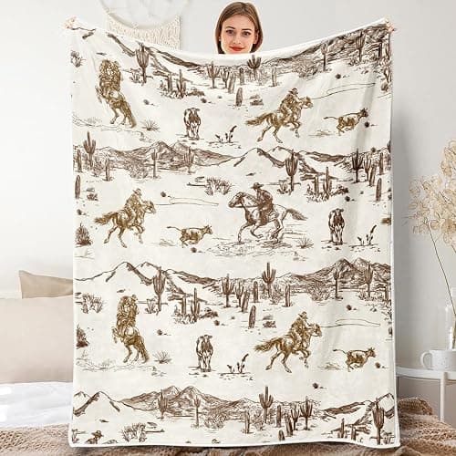 Western Cowboy Throw Blankets, Vintage Wild West Flannel Warm Soft Cozy Fluffy Bed Couch Blanket, Country American Theme White Fleece Throws to Decorate The Room and Bedroom 60X70 - Image 1