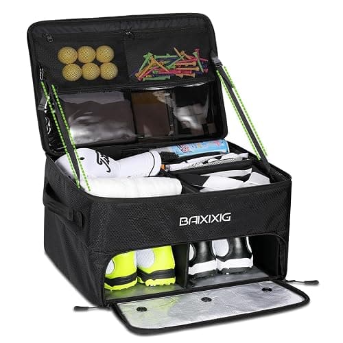 BAIXIXIG Golf Trunk Organizer, Waterproof Car Golf Locker with Separate Ventilated Compartment for 2 Pair Shoes, Golf Storage for Balls, Tees, Cap, Clothes, Gloves, Accessories, Gifts for Men, Women - Image 1