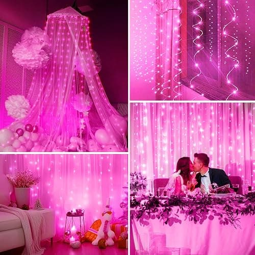 Minetom Curtain Lights, 300 LED Dimmable Fairy Lights with Remote and Timer, 8 Modes, USB Powered String Lights for Room Wall Party Xmas Indoor Decor, Pink thumbnail 7