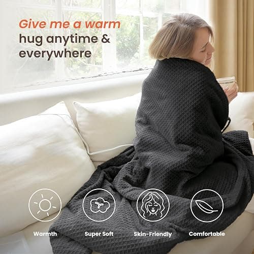 blunique Heated Blanket Electric Throw Waffle, 50x60 Inches Sherpa Fleece Fast Heating Blanket 6 Heating Levels & 4 Hours Auto Off ETL Certification,Charcoal Grey Throw thumbnail 3