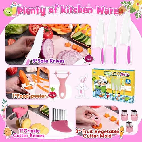 9 Pcs Kids Safe Knife Set for Real Cooking, Kids Kitchen Knife Set with Cutting Board,Crinkle Cutter,Sandwich Cutter, Montessori Kitchen Tools for Toddlers Kid 3-10 Years Old Girl Boy Birthday Gifts thumbnail 5