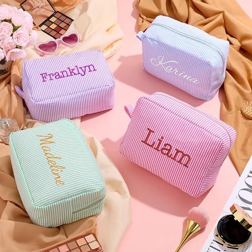 Personalized Cosmetic Bag with Name, Cute Custom Makeup Bags for Women Girls Seersucker Bridesmaid Travel Bag, Organizer Storage Pouch, Cute Pattern, Available to Match Travel Bags thumbnail 4
