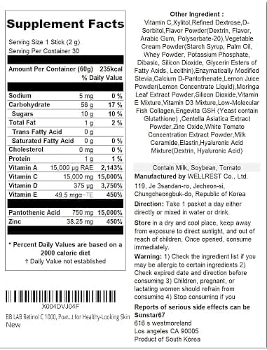 BB LAB Retinol C 1000, Powder Blend with Vitamin C, Retinol, Vitamin E, B5 & Zinc for Radiant Skin, Korea Inner Beauty Supplement for Healthy-Looking Skin thumbnail 3