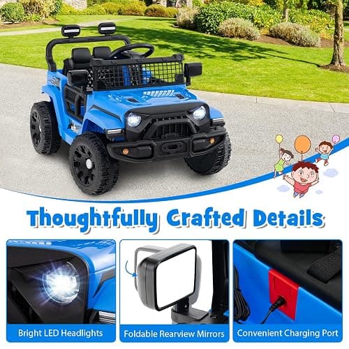 Costzon 12V Kids Ride on Car Truck with Remote Control (Blue, 34"×23"×21") | Foldable Mirrors, 3 Speeds, LED Lights, Music & Horn, Battery Powered Electric  Vehicle for Toddlers, Ride on Toys thumbnail 6