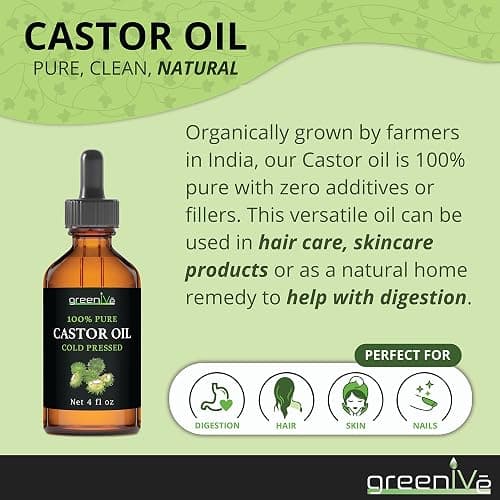 GreenIVe Castor Oil Organically Grown 100% Pure 4 fl oz Bottle Cold Pressed, Hexane Free, Eyelash and Eyebrow Growth Serum, Skin Moisturizer Detox and Wraps - 4 Fl Oz (Pack of 1) thumbnail 5