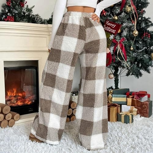 Pajama Pants Womens Fuzzy Plaid Pants Elastic Waist Wide Leg Fleece Bottoms Winter Soft Comfortable Lounge Pants thumbnail 2