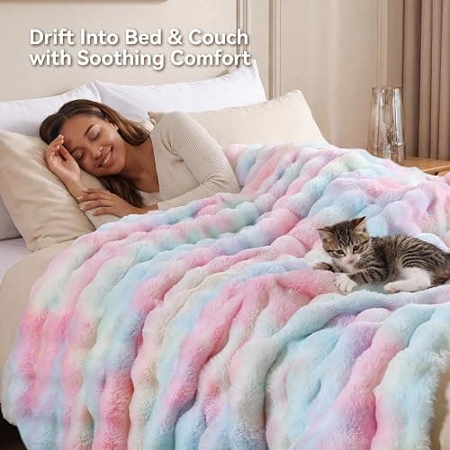 Smoofy Faux Rabbit Fur Throw for Couch - Rainbow Bubble Blanket 50"x60" | Fluffy Plush Fuzzy Colorful Throw for Sofa & Bed, Super Soft Cozy Comfort Blanket, Luxury Rainbow Decor Gift for Women thumbnail 6
