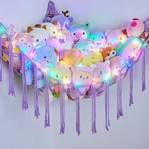 Basumee Stuffed Animals Net or Hammock with LED Light, Hanging Stuffed Animals Storage Toy Hammock Net Corner Wall Girls Room Decor Toy Storage Organizer, Purple, L thumbnail 7