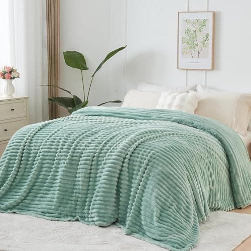 NEWCOSPLAY Super Soft Throw Blanket New Sage Green Premium Silky Flannel Fleece 3D Ribbed Jacquard Lightweight Bed Blanket All Season Use (New Sage Green Ribbed, Throw(50"x60")) thumbnail 9
