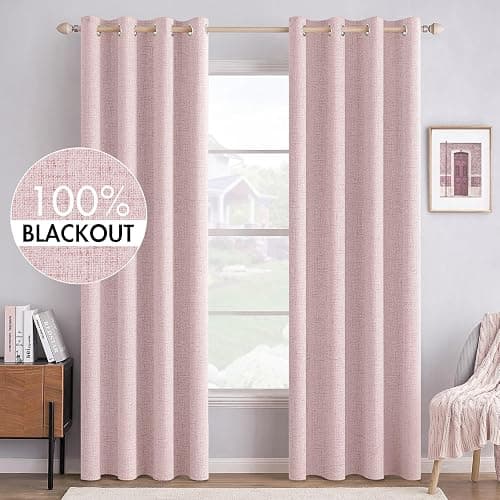 MIULEE Linen Texture Curtains for Bedroom Solid 100% Blackout Thermal Insulated Pink Curtains Grommet Room Darkening Curtains/Draperies for Living Room Nursery 52x84 Inch (2 Panels) - Image 1
