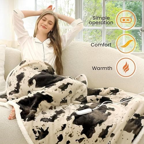 blunique Cow Print Heated Throw Blanket Electric Blanket-Heating Blanket Throw with 10 Heat Levels & 10 Hours Auto-Off, Cozy Soft Fleece Sherpa, Washable, 50 x 60 Inches Cow Print Light Brown thumbnail 3