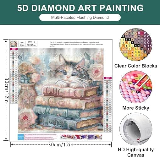 Zythron Diamond Painting Kits for Adults Cat Book Diamond Art Kits for Beginners DIY 5D Round Full Drill Diamond Paintings Gem Art Craft for Home Decor Gifts 12x12 inch thumbnail 3