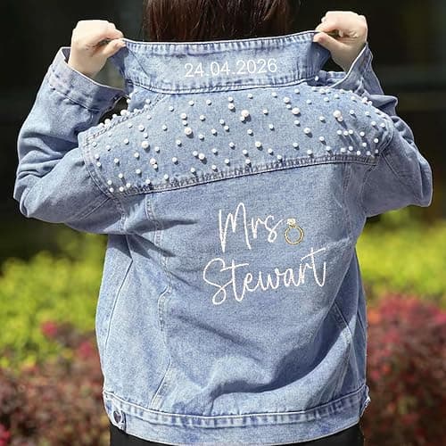 Noni Personalized Embroidered Bride Denim Jacket, Future Mrs Jean Jacket With Pearls, Wedding gifts for Bride thumbnail 5