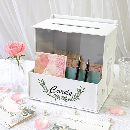 OurWarm Wooden Wedding Card Box with Flower Trough, White Gift Card Box for Wedding with Acrylic Board, Weddings Cards Boxes for Reception Graduation Birthday Party Bridal Baby Shower Decorations thumbnail 5