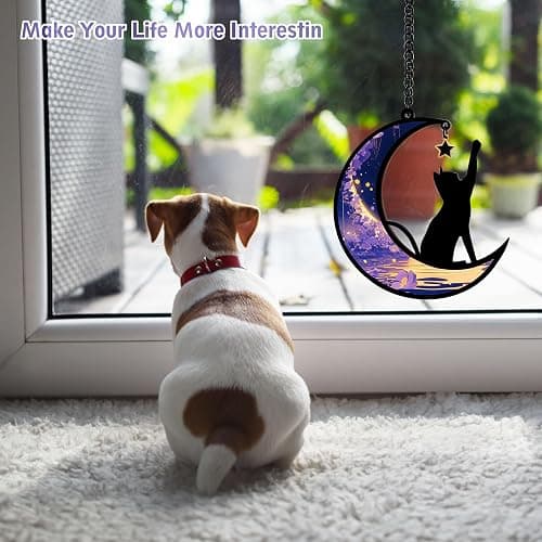 Halloween Black Cat Moon Decor Witchy Gifts for Women | Cat Lovers Friends Teen Girls Stained Glass Window Hanging Ornament Gifts For Christmas Halloween Decorations (Purple) thumbnail 4