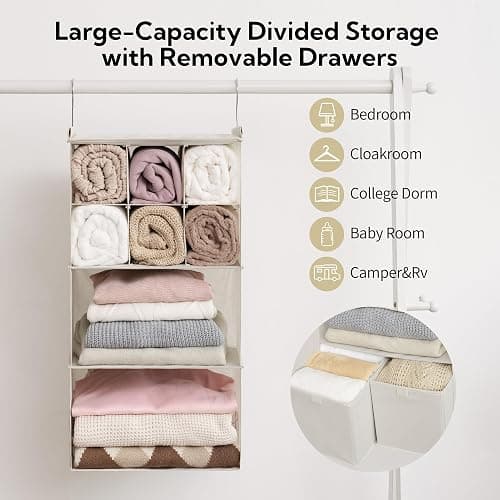 GRANNY SAYS Hanging Closet Organizer with Drawers, 4 Shelf Dividers Closet Hanging Organizer, Foldable Hanging Shelves for Clothes Organizer, Small Closet Organizers and Storage, Beige thumbnail 5