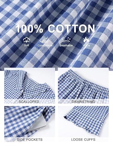 PEHMEA Women's Plaid Pajamas Set 2 Piece Cotton Gingham Sleepwear Puff Sleeve Scalloped Babydoll Shirt Lounge Pj Sets thumbnail 4